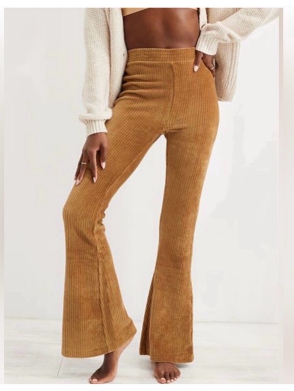 AERIE groove on velour high waist flared pants brown size M